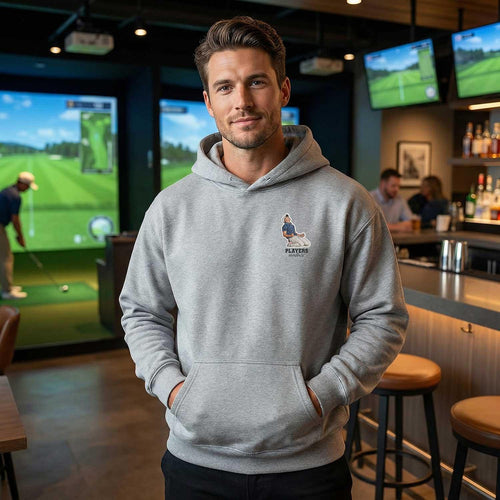Rory McIlroy Badge Men's Hoodie – close-up detail shot of the Rory McIlroy Players Couture logo design