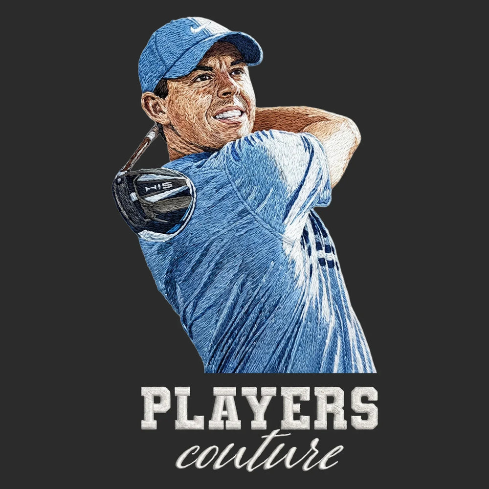 Rory McIlroy Swing Badge Men's Hoodie – white close-up detail shot of the Rory McIlroy Swing Players Couture logo design