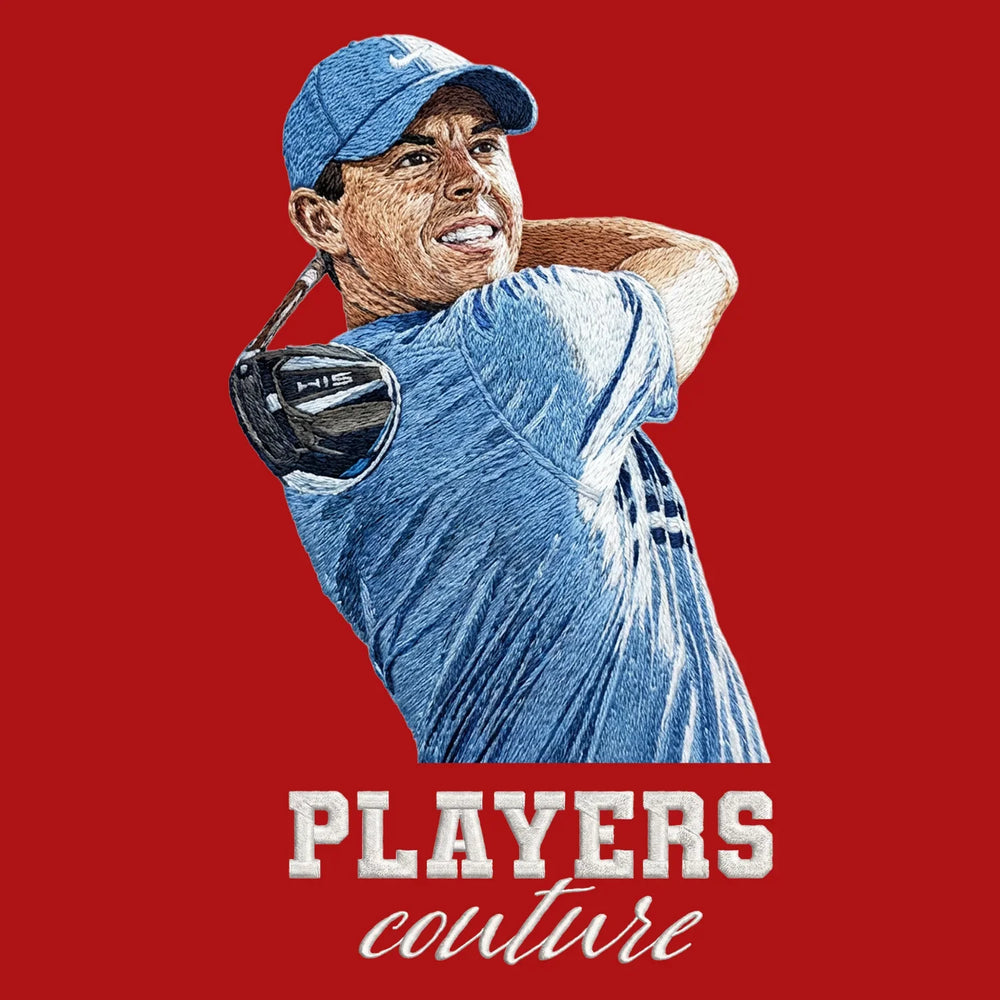 Rory McIlroy Swing Badge Men's Hoodie – white close-up detail shot of the Rory McIlroy Swing Players Couture logo design