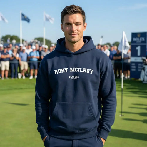 Close-up of Rory McIlroy lettering on a Men's Hoodie