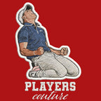 Rory McIlroy Badge Men's T-Shirt – red close-up detail shot of the Rory McIlroy Players Couture logo design