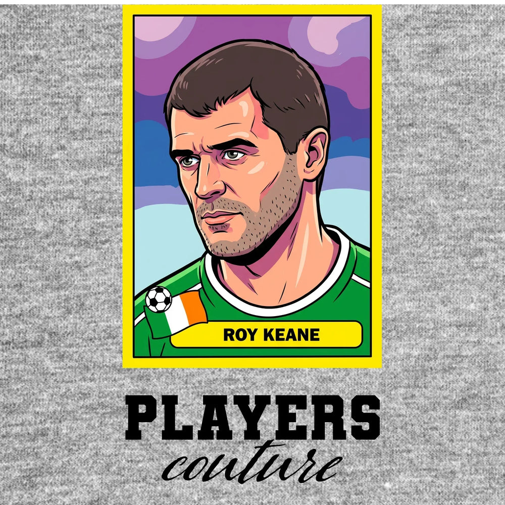 Roy Keane World Cup Sticker Men's T-Shirt – grey close-up detail shot of the Roy Keane World Cup Players Couture logo design
