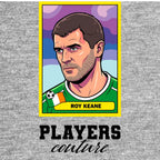 Roy Keane World Cup Sticker Men's T-Shirt – grey close-up detail shot of the Roy Keane World Cup Players Couture logo design