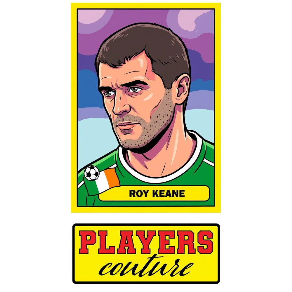 Roy Keane World Cup Sticker Men's T-Shirt – close-up detail shot of the Roy Keane World Cup Players Couture logo design