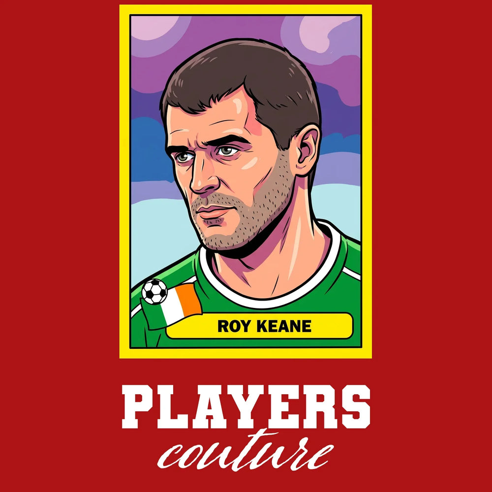 Roy Keane World Cup Sticker Men's T-Shirt – red close-up detail shot of the Roy Keane World Cup Players Couture logo design