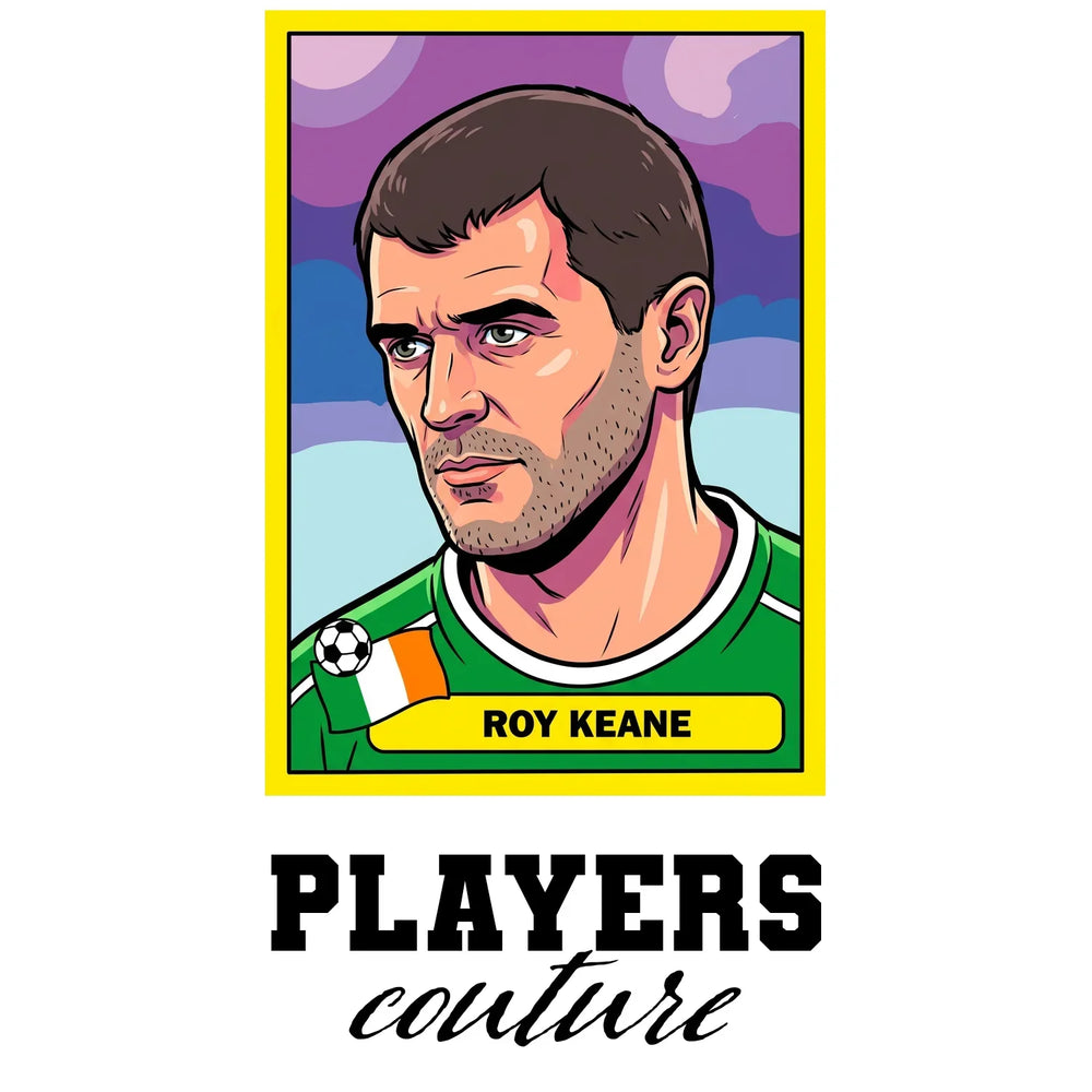 Roy Keane World Cup Sticker Men's T-Shirt – white close-up detail shot of the Roy Keane Players Couture logo design