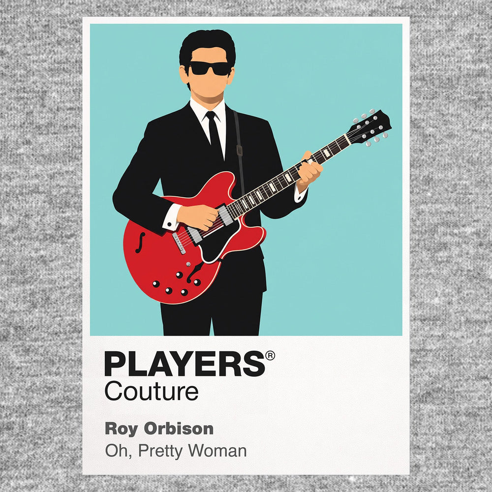 Roy Orbison Roy Orbison's dark glasses, guitar and restrained black stage silhouette Icon Frame artwork in grey