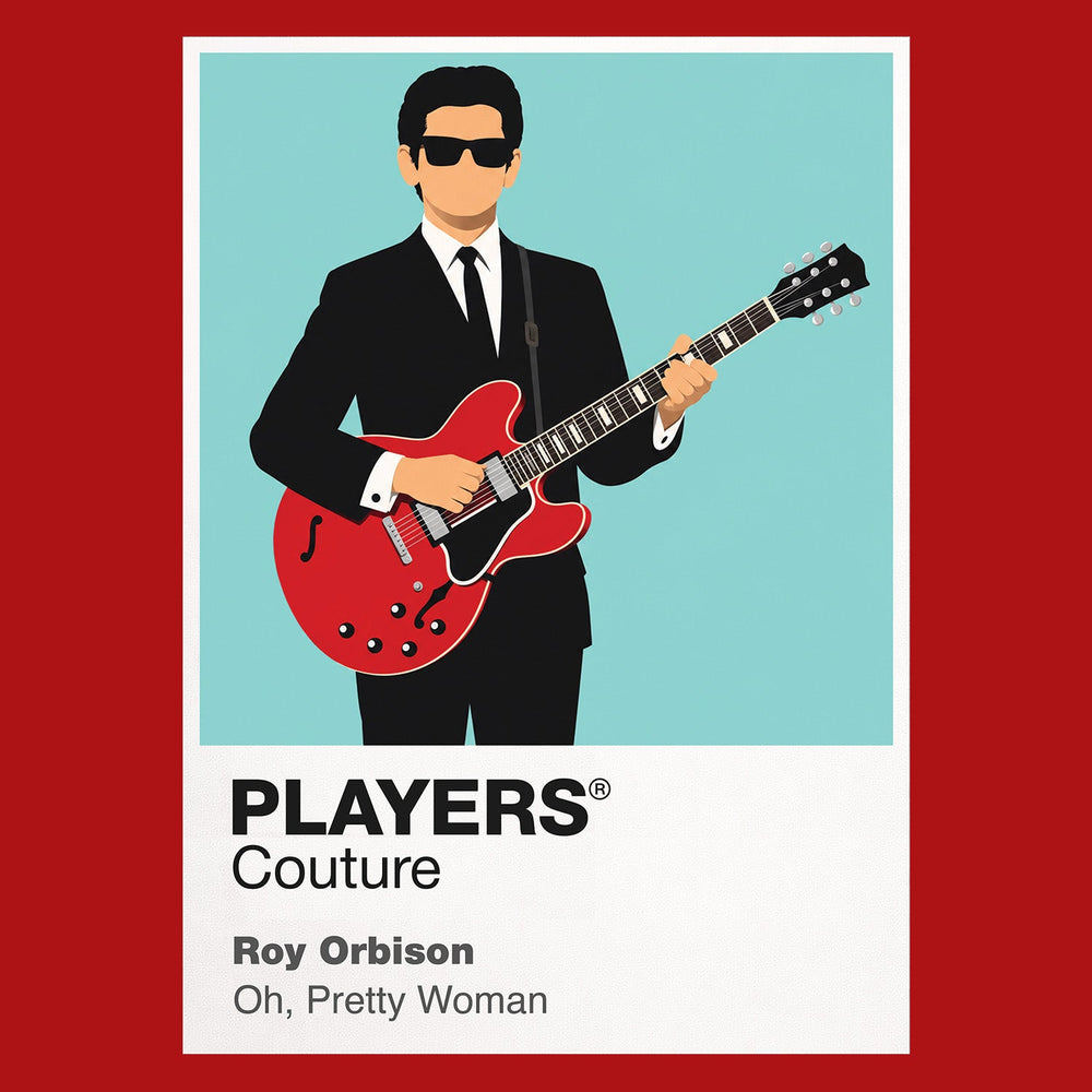 Roy Orbison Roy Orbison's dark glasses, guitar and restrained black stage silhouette Icon Frame artwork in red