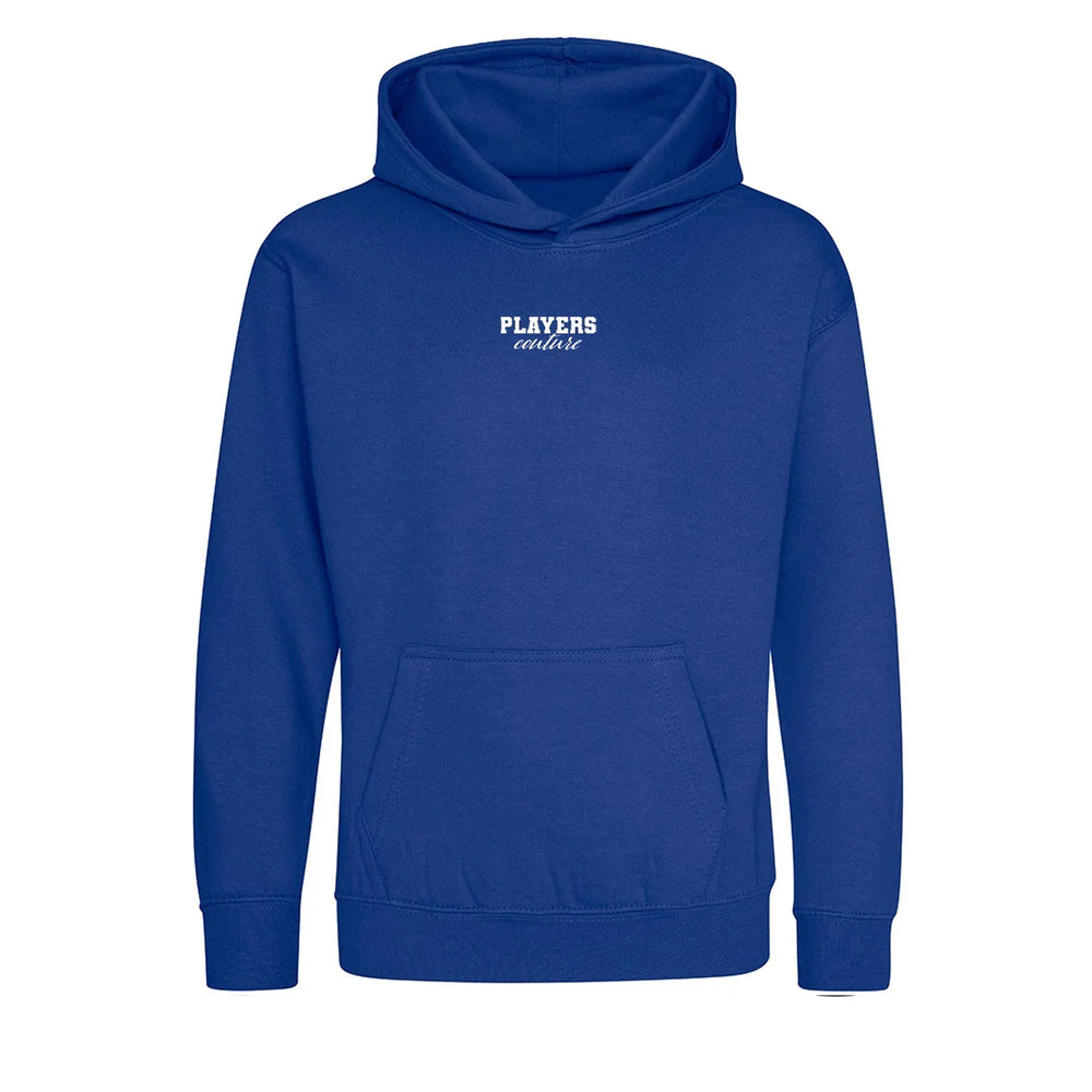 Essentials Collection hoodie – blue kids' hoodie with white Essentials Collection letters and Players Couture logo on the