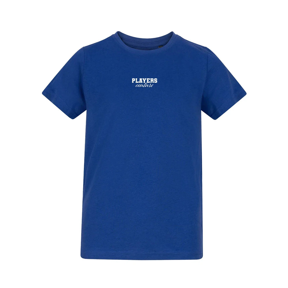 Essentials Collection t-shirt – blue kids' t-shirt with white Essentials Collection letters and Players Couture logo on the