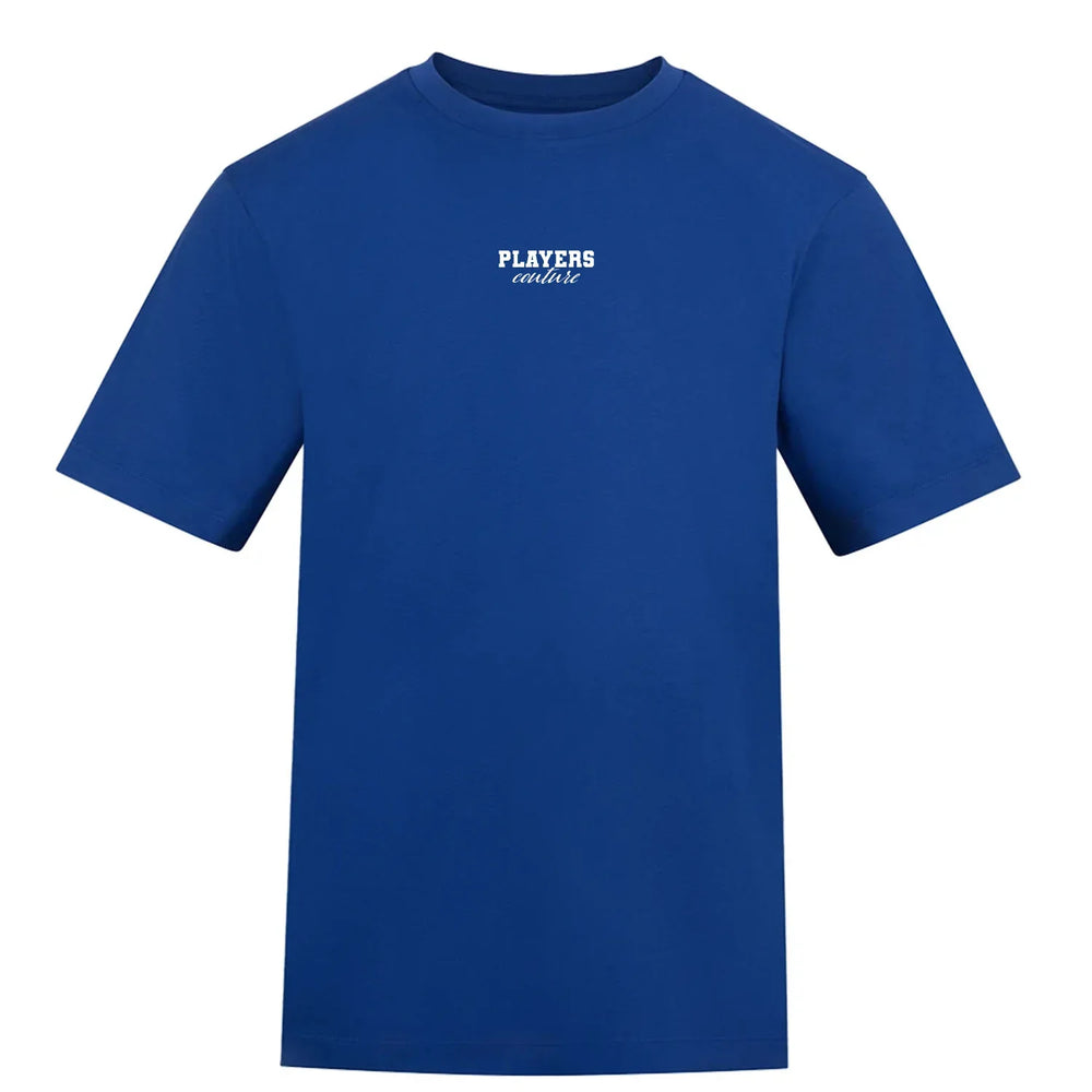 Essentials Collection t-shirt – blue men's t-shirt with white Essentials Collection letters and Players Couture logo on the