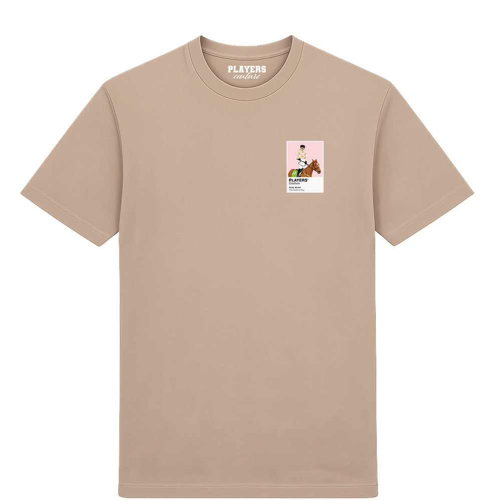 Ruby Walsh horse racing T-shirt – mens desert sand tshirt view