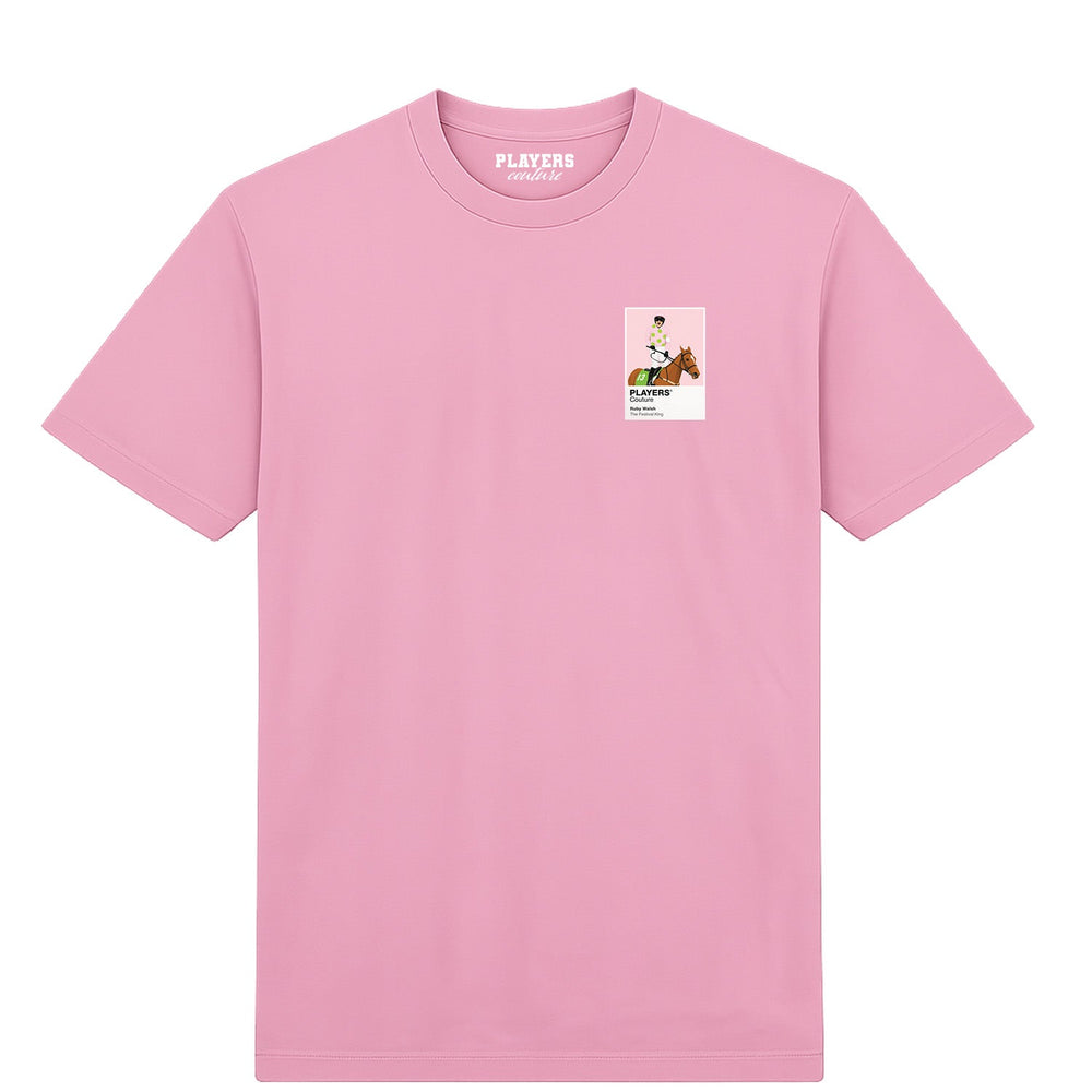 Ruby Walsh horse racing T-shirt – mens pink tshirt view