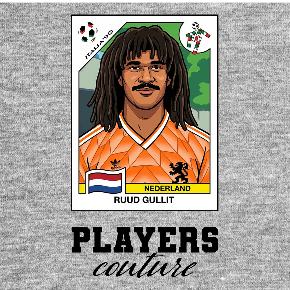 Ruud Gullit World Cup Sticker Men's T-Shirt – grey close-up detail shot of the Ruud Gullit World Cup Players Couture logo