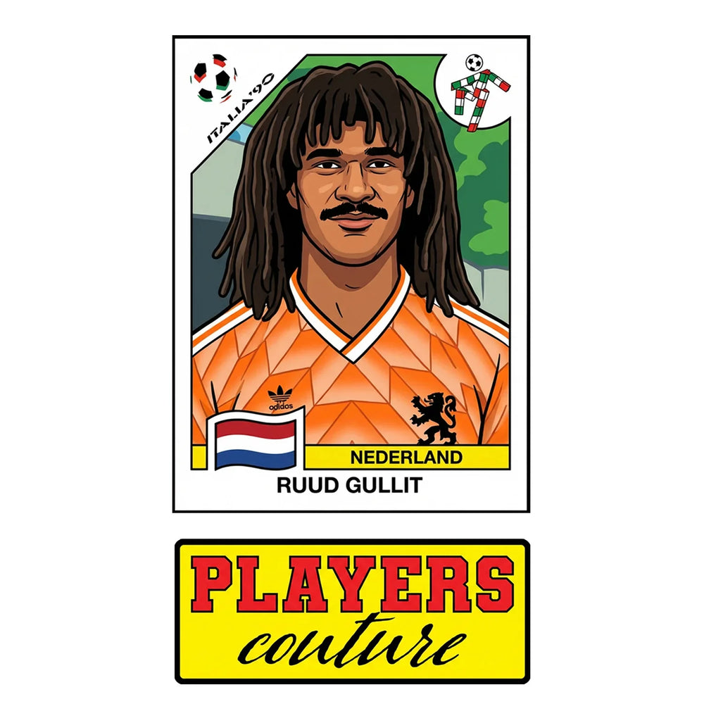 Ruud Gullit World Cup Sticker Men's T-Shirt – close-up detail shot of the Ruud Gullit World Cup Players Couture logo design