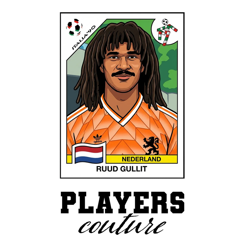Ruud Gullit World Cup Sticker Men's T-Shirt – white close-up detail shot of the Ruud Gullit Players Couture logo design
