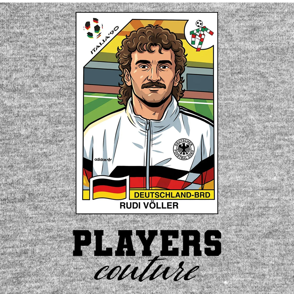 Rudi Voller World Cup Sticker Men's T-Shirt – grey close-up detail shot of the Rudi Voller World Cup Players Couture logo