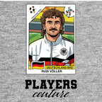 Rudi Voller World Cup Sticker Men's T-Shirt – grey close-up detail shot of the Rudi Voller World Cup Players Couture logo