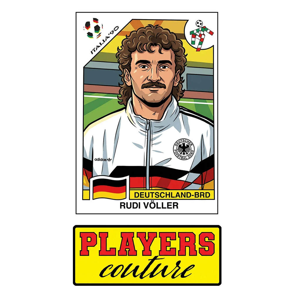 Rudi Voller World Cup Sticker Men's T-Shirt – close-up detail shot of the Rudi Voller World Cup Players Couture logo design