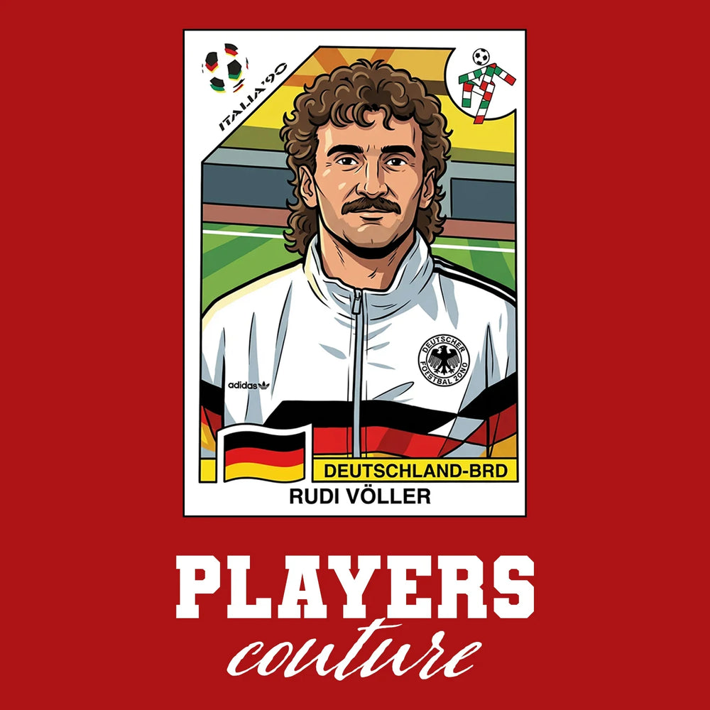 Rudi Voller World Cup Sticker Men's T-Shirt – red close-up detail shot of the Rudi Voller World Cup Players Couture logo