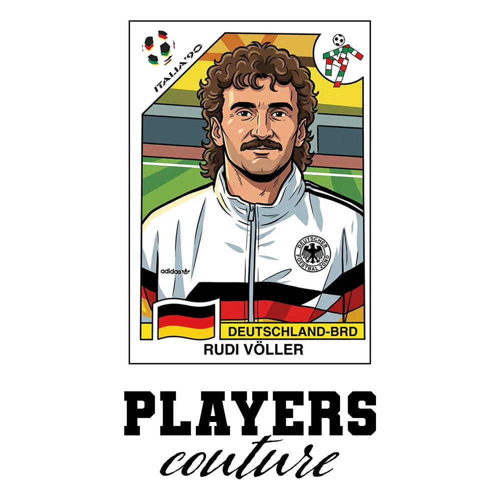 Rudi Voller World Cup Sticker Men's T-Shirt – white close-up detail shot of the Rudi Voller Players Couture logo design
