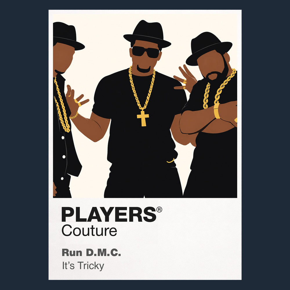 Run-DMC Run-DMC's hats, leather, Adidas trainers and foundational three-person stance Icon Frame artwork in navy