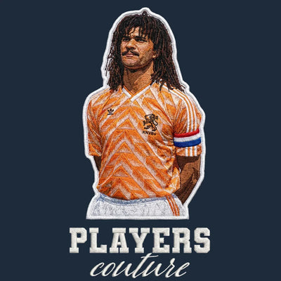 Ruud Gullit Badge Men's Hoodie – navy close-up detail shot of the Ruud Gullit Players Couture logo design