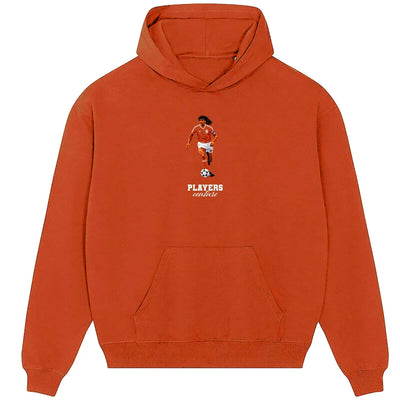 Ruud Gullit hoodie – orange men's hoodie with black Ruud Gullit letters and Players Couture logo on the chest
