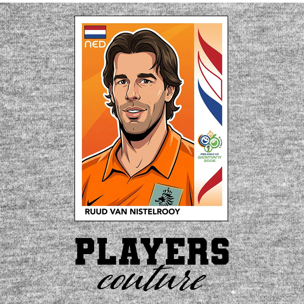 Ruud van Nistelrooy World Cup Sticker Men's T-Shirt – grey close-up detail shot of the Ruud van Nistelrooy World Cup Players