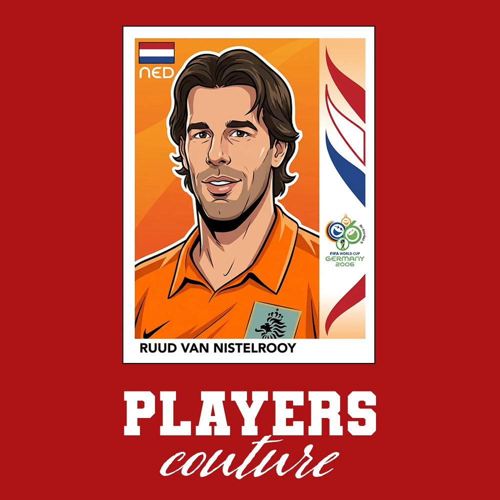 Ruud van Nistelrooy World Cup Sticker Men's T-Shirt – red close-up detail shot of the Ruud van Nistelrooy World Cup Players