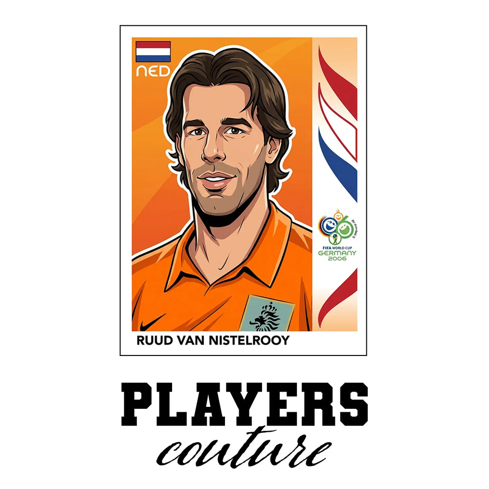 Ruud van Nistelrooy World Cup Sticker Men's T-Shirt – white close-up detail shot of the Ruud van Nistelrooy Players Couture