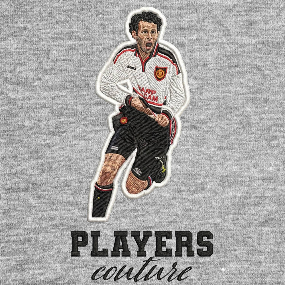 Ryan Giggs Badge Men's Hoodie – grey close-up detail shot of the Ryan Giggs Players Couture logo design