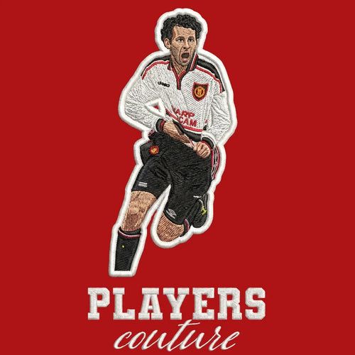 Ryan Giggs Badge Men's Hoodie – red close-up detail shot of the Ryan Giggs Players Couture logo design