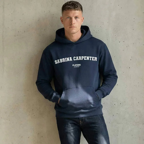 Sabrina Carpenter hoodie – navy men's hoodie with white Sabrina Carpenter letters and Players Couture logo on the chest