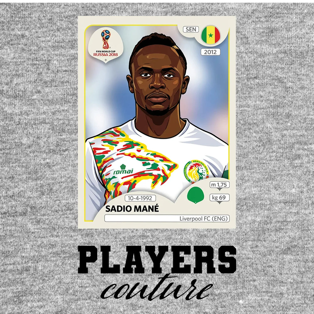 Sadio Mane World Cup Sticker Men's T-Shirt – grey close-up detail shot of the Sadio Mane World Cup Players Couture logo