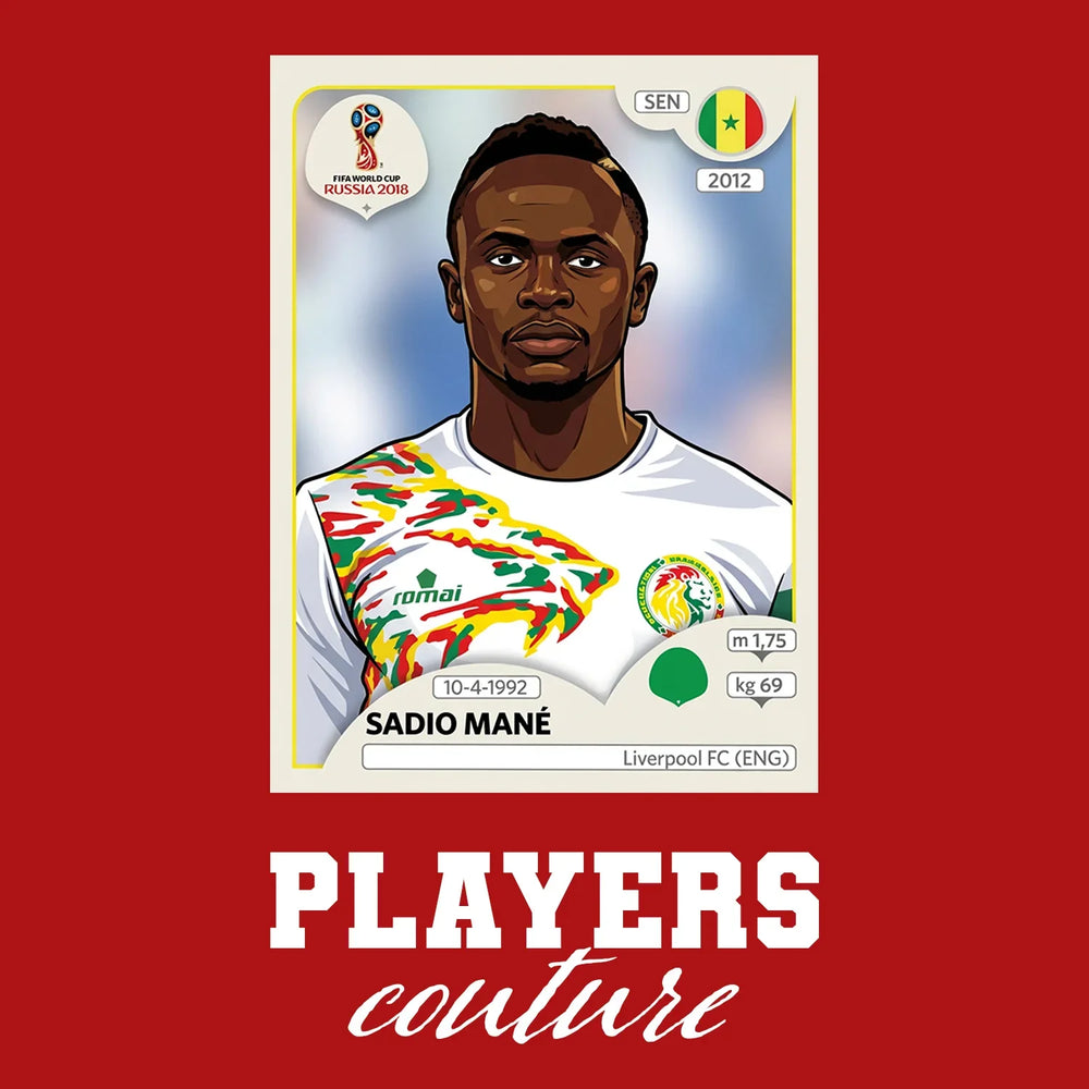 Sadio Mane World Cup Sticker Men's T-Shirt – red close-up detail shot of the Sadio Mane World Cup Players Couture logo design
