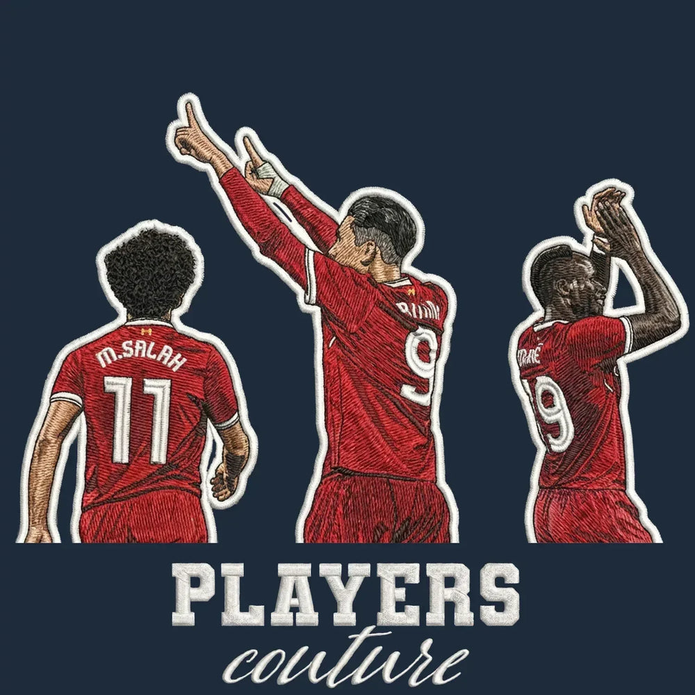 Salah Firmino Mane Badge Men's Hoodie – navy close-up detail shot of the Salah Firmino Mane Players Couture logo design