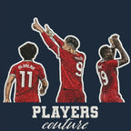 Salah Firmino Mane Badge Men's Hoodie – navy close-up detail shot of the Salah Firmino Mane Players Couture logo design