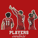 Salah Firmino Mane Badge Men's Hoodie – red close-up detail shot of the Salah Firmino Mane Players Couture logo design