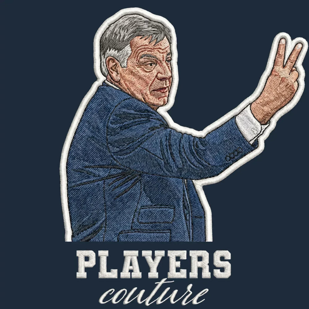 Sam Allardyce Badge Men's Hoodie – navy close-up detail shot of the Sam Allardyce Players Couture logo design