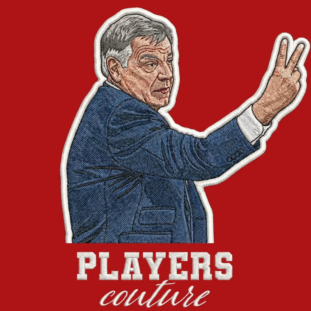 Sam Allardyce Badge Men's Hoodie – red close-up detail shot of the Sam Allardyce Players Couture logo design