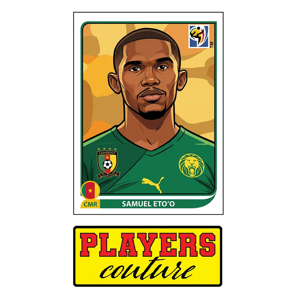 Samuel Eto'o World Cup Sticker Men's T-Shirt – close-up detail shot of the Samuel Eto'o World Cup Players Couture logo design