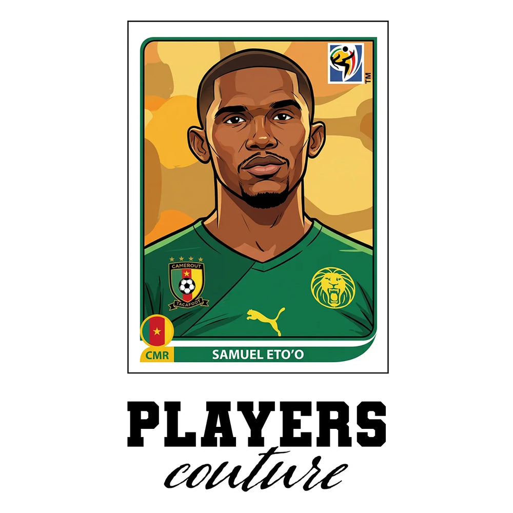 Samuel Eto'o World Cup Sticker Men's T-Shirt – white close-up detail shot of the Samuel Eto'o Players Couture logo design