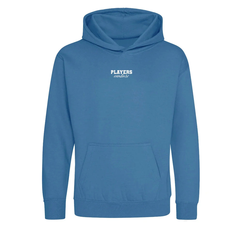 Essentials Collection hoodie – blue kids' hoodie with white Essentials Collection letters and Players Couture logo on the