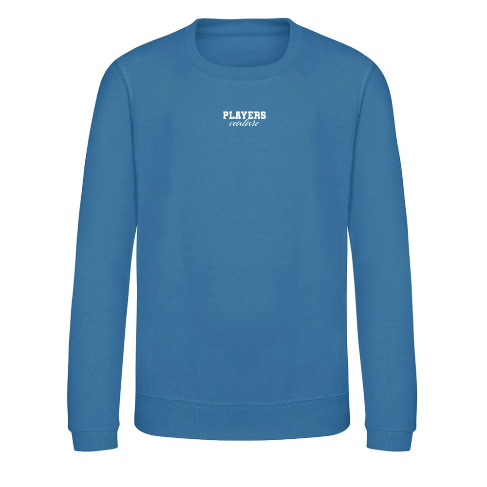 Essentials Collection hoodie – blue kids' hoodie with white Essentials Collection letters and Players Couture logo on the