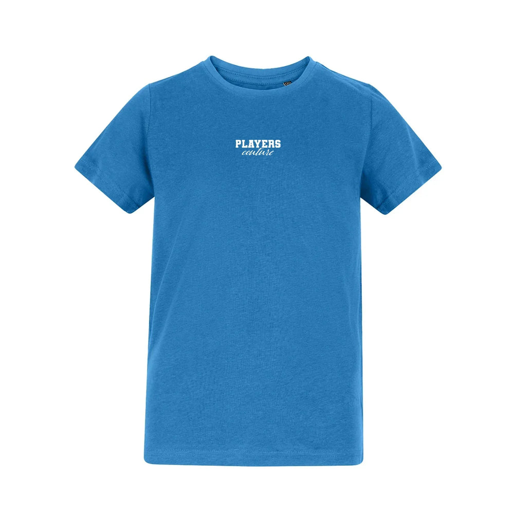 Essentials Collection t-shirt – blue kids' t-shirt with white Essentials Collection letters and Players Couture logo on the