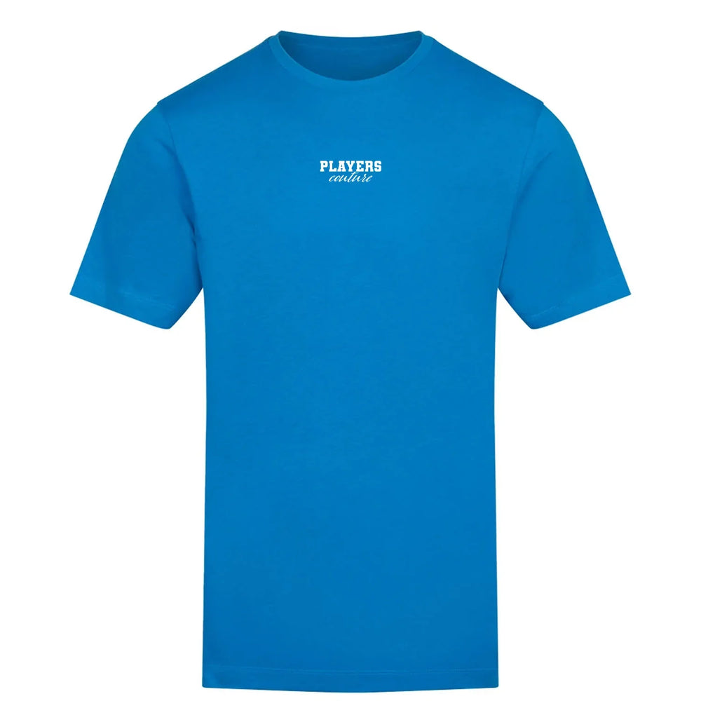 Essentials Collection t-shirt – blue men's t-shirt with white Essentials Collection letters and Players Couture logo on the
