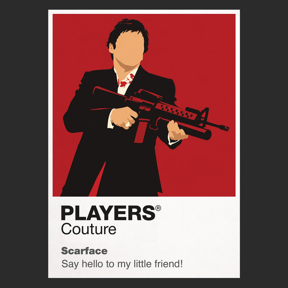 Scarface Tony Montana in a dark suit against the film's stark black-white-red Miami imagery Icon Frame artwork in black
