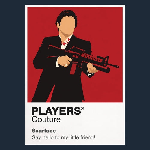 Scarface Tony Montana in a dark suit against the film's stark black-white-red Miami imagery Icon Frame artwork in navy