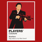 Scarface Tony Montana in a dark suit against the film's stark black-white-red Miami imagery Icon Frame artwork in red
